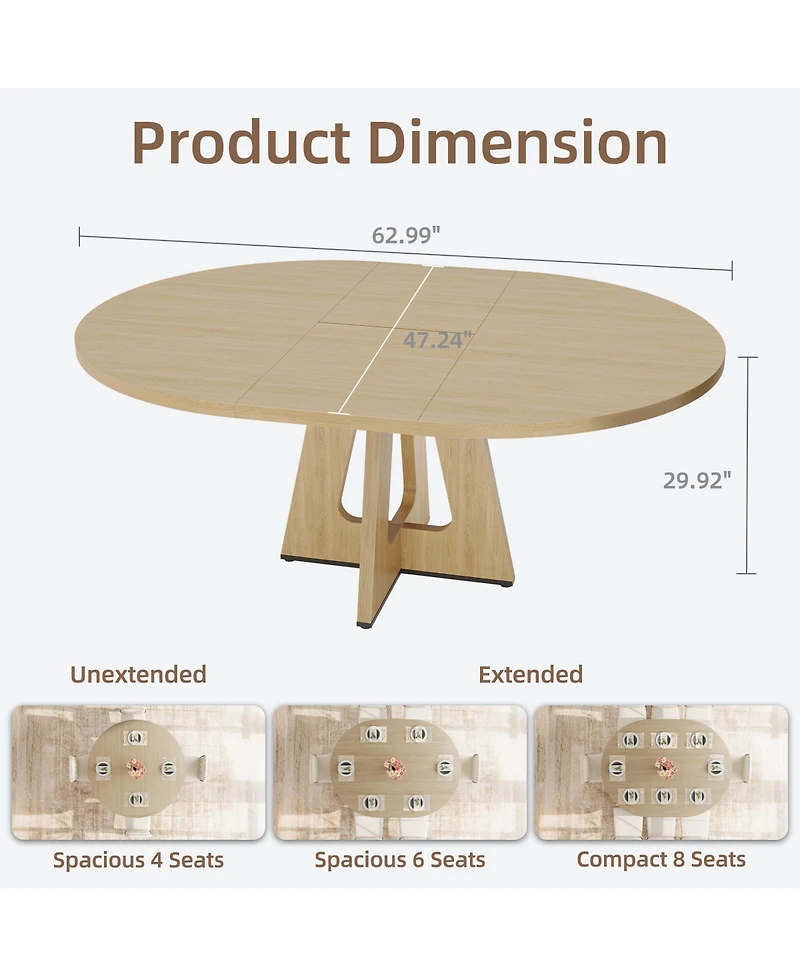 47-63 Inch Extendable Round to Oval Farmhouse Dining Table with Wood Cross Base, Seats 4-8,Wood Color