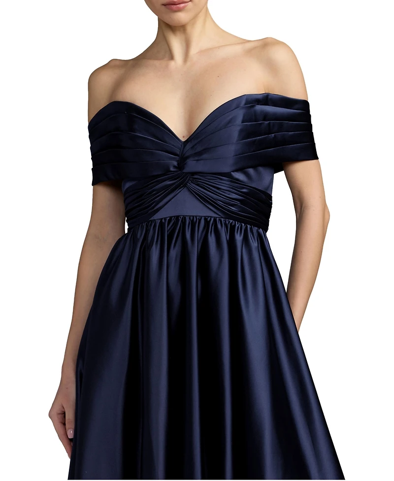 Mac Duggal Women's Navy Satin Off The Shoulder Twist Evening Ball Gown
