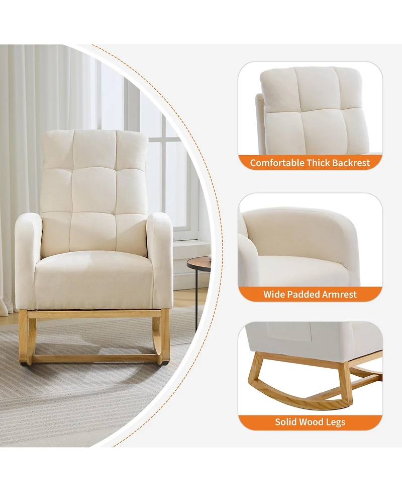 Rocking Chair, Upholstered Glider Armchair for Nursery | Modern Rocker with Usb Ports and Side Pocket for Living Room Nursing Room