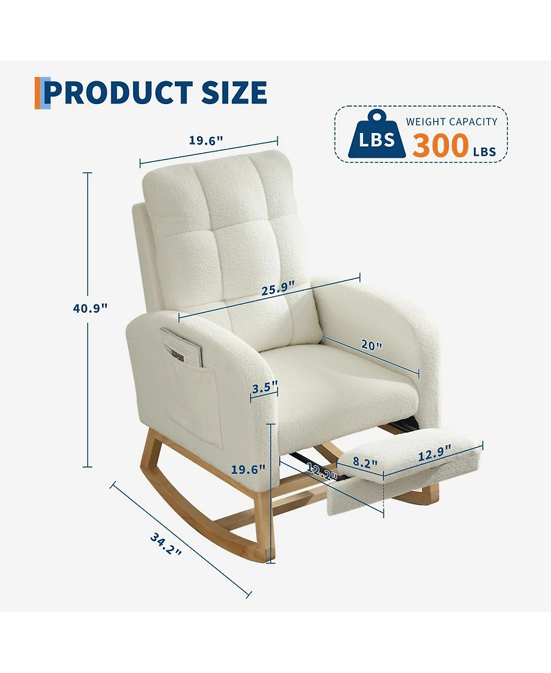 Beige Upholstered Rocking Glider Armchair with Footrest and Side Pocket, Modern Nursery Rocker Chair for Living Room and Nursing Room