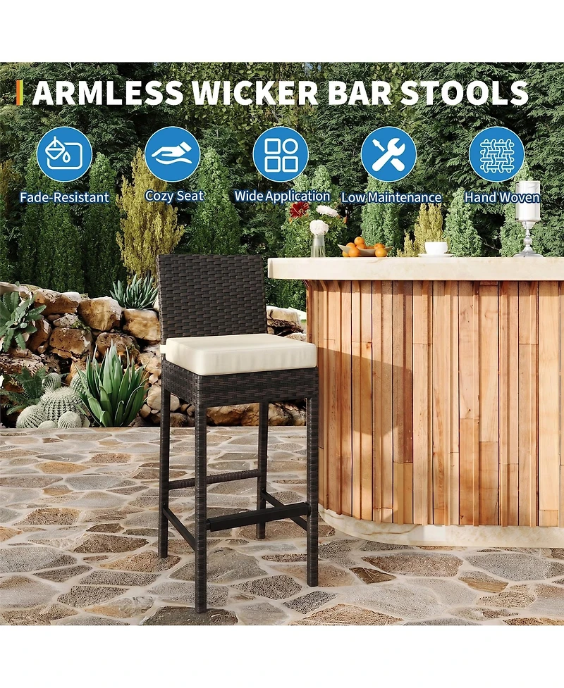 Outdoor Wicker Bar Stools Set of 4 with Cushion, Counter Height Patio Bar Chairs with Backrest, Footrest, Metal Frame for Backyard, Poolside, Garden