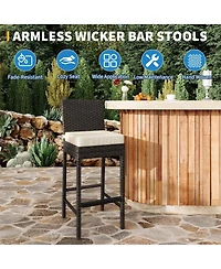 Outdoor Wicker Bar Stools Set of 4 with Cushion, Counter Height Patio Bar Chairs with Backrest, Footrest, Metal Frame for Backyard, Poolside, Garden