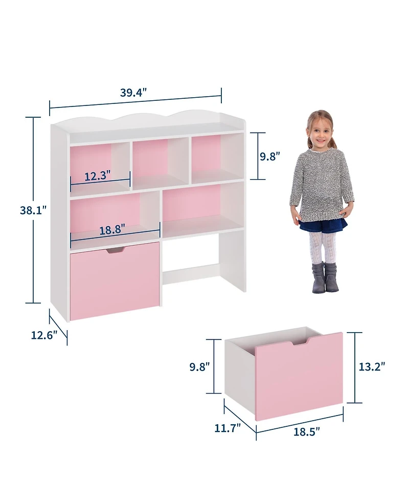 2 Set of Toy Storage Organizer with Movable Drawers, Kids Bookshelf with Hidden Wheels and 5 Open Cubbies, Floor Storage Chest for Playroom, Nursery