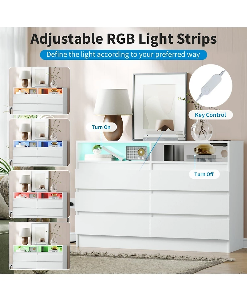 47 x 16 x 31.5 in Pack of 2 Six Drawer Dresser with Led Lights and Outlets, Engineered Wood Chest of Drawers for Bedroom, White