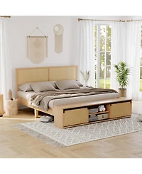 Full Rattan Bed Frame, Rattan Headboard and Rgb Led Light, Platform Bed Frame with Sliding Barn Door Storage Bench, Noise Free, No Box Spring Needed