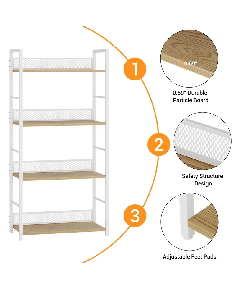 4-Tier Industrial Bookshelf, Metal and Wood Freestanding Open Display Rack with Anti-Fall Mesh Guard, Anti-Tip Kit for Home Office Bedroom Living Room