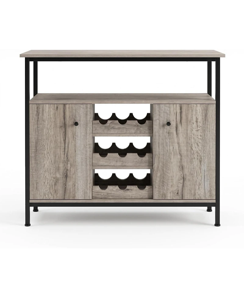 Farmhouse Sideboard Buffet Cabinet with Wine Rack and Adjustable Shelves, Kitchen Storage,Grey