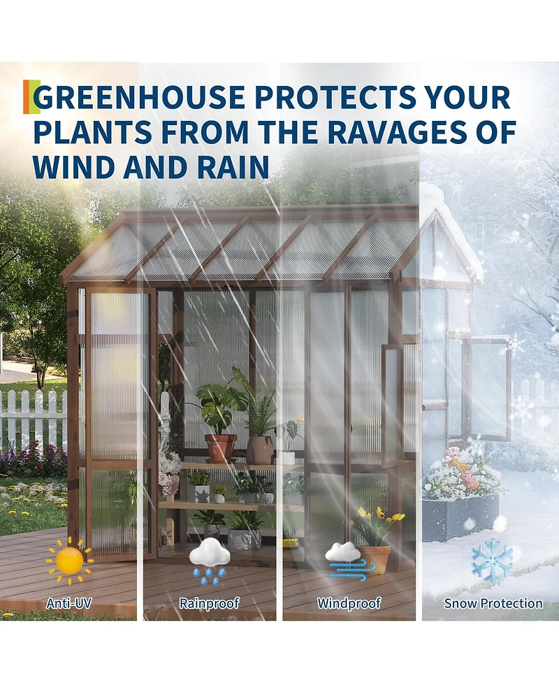 8x7 Ft Walk-In Greenhouse, Fir Wood Frame with Clear Polycarbonate Panels for Patio Backyard Garden All-Season Plant Growing, Natural Wood