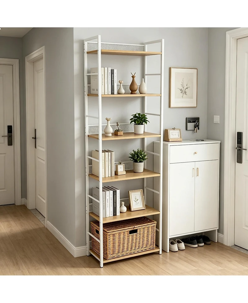 24" W x 12" D x 74" H 6-Tier Shelf with Diamond Mesh Back, Steel Frame and Engineered Wood Shelves for Living Room Home Office, White/Black