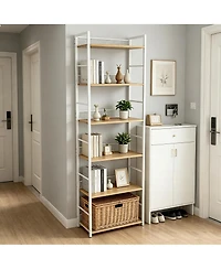 24" W x 12" D x 74" H 6-Tier Shelf with Diamond Mesh Back, Steel Frame and Engineered Wood Shelves for Living Room Home Office, White/Black