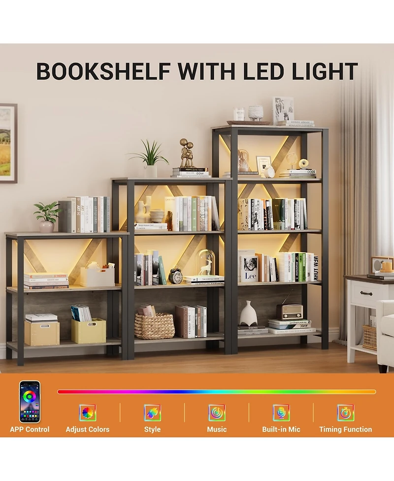 Set of 2 Three-Tier Bookshelves with Led Light Strips, Modern Display Shelf with Backlights for Living Room Bedroom Home Office, Grey