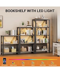 Set of 2 Three-Tier Bookshelves with Led Light Strips, Modern Display Shelf with Backlights for Living Room Bedroom Home Office, Grey