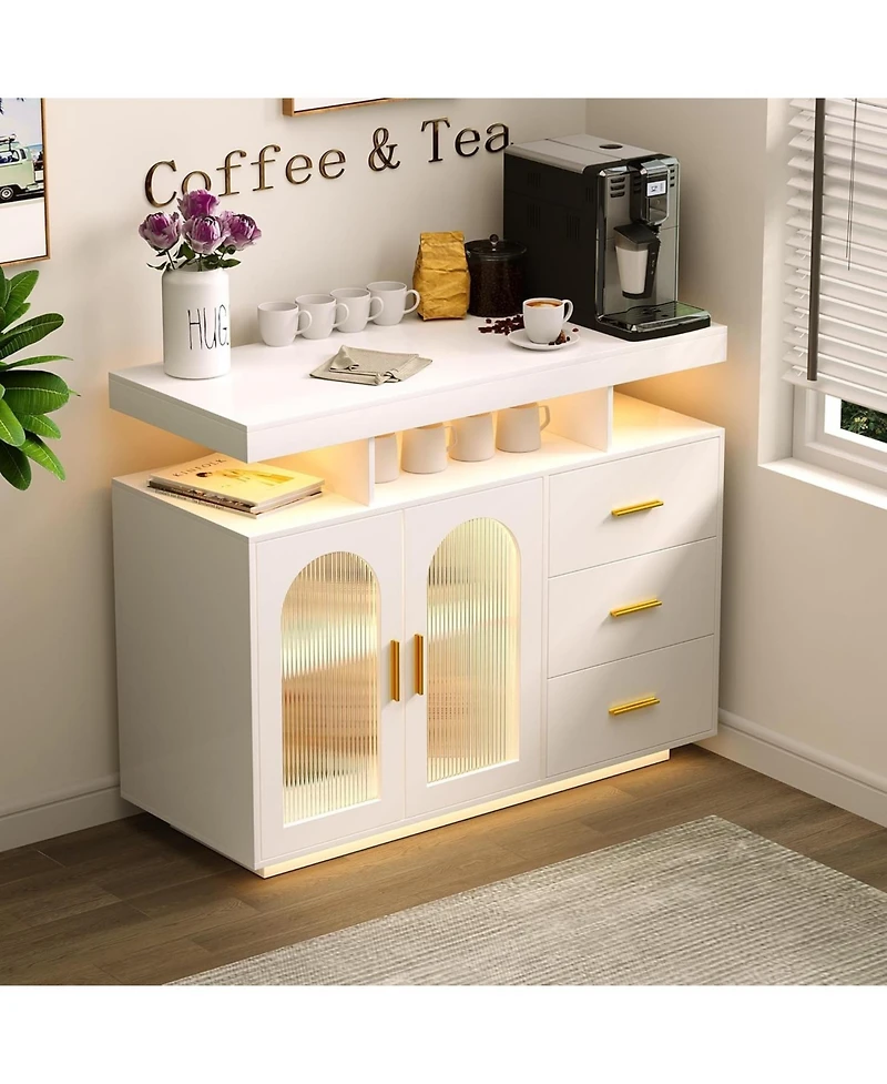 55 x 16 x 42 in 3 Door 3 Drawer Sideboard Buffet Cabinet, Engineered Wood Storage with Floating Look for Dining Room Living Room, White