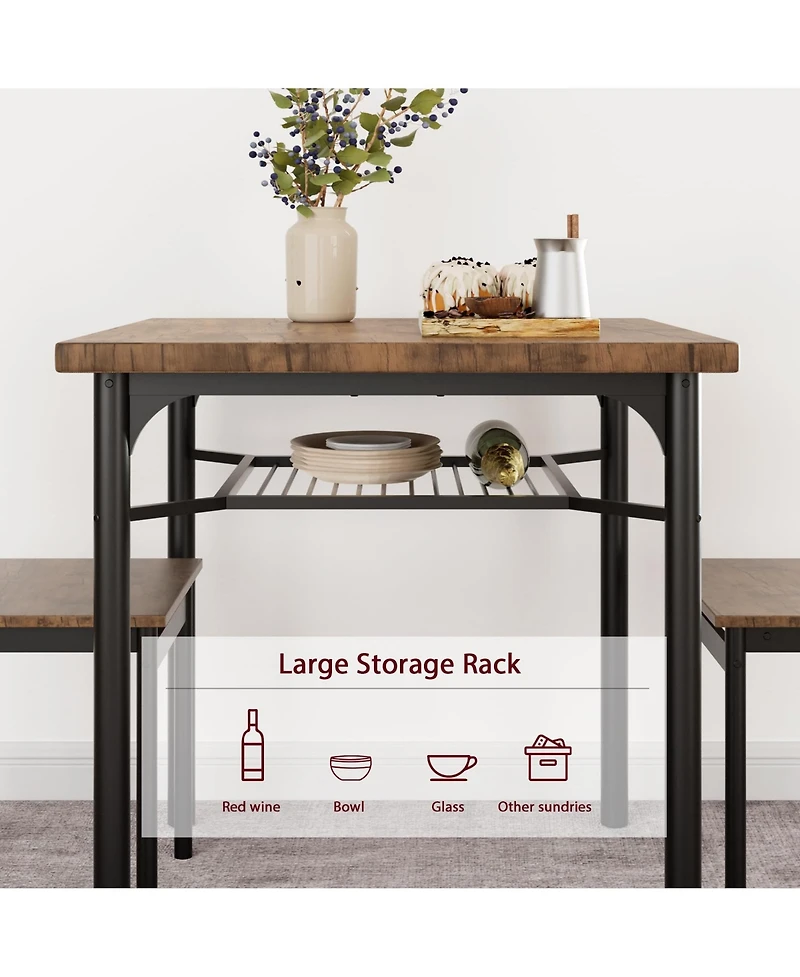 Dining Table Set 3 Piece with Wine Rack Rustic Brown Metal and Wood for Kitchen Apartment Small Space