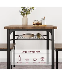 Dining Table Set 3 Piece with Wine Rack Rustic Brown Metal and Wood for Kitchen Apartment Small Space