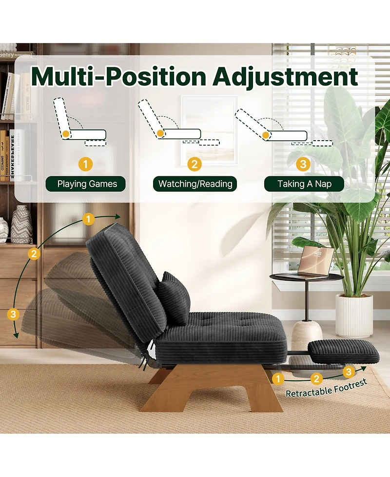Accent Lounge Chair with Adjustable Backrest and Built-in Footrest Tufted Corduroy Armchair with Lumbar Pillow for Living Room Bedroom Reading Nook