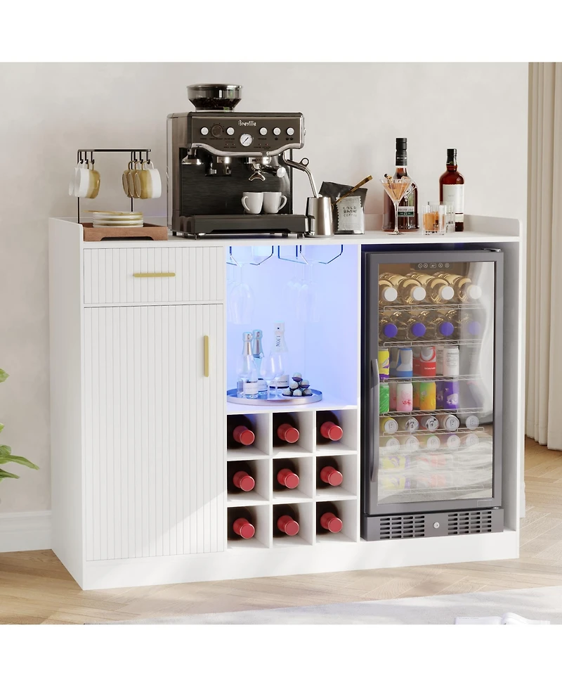 Multi-Functional Coffee Bar Cabinet with Fridge Space, Wine Rack, Glass Holder, Power Outlet and Led Light, Fluted Sideboard Mini Bar for Home Kitchen