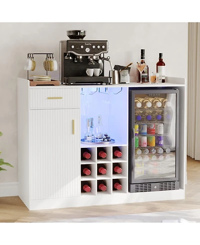 Multi-Functional Coffee Bar Cabinet with Fridge Space, Wine Rack, Glass Holder, Power Outlet and Led Light, Fluted Sideboard Mini Bar for Home Kitchen