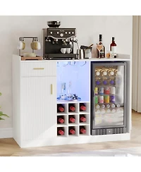 Multi-Functional Coffee Bar Cabinet with Fridge Space, Wine Rack, Glass Holder, Power Outlet and Led Light, Fluted Sideboard Mini Bar for Home Kitchen