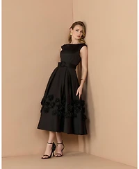 Mac Duggal Women's Belted Floral Rosette A-Line Midi Dress