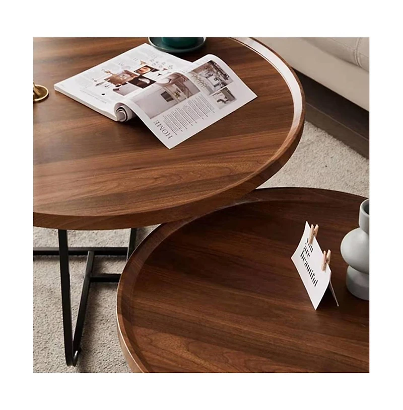 homfan Set of 2 Round Nesting Coffee Tables, 28" and 20", Fluted Wood Look, Mid-Century Modern