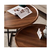 homfan Set of 2 Round Nesting Coffee Tables, 28" and 20", Fluted Wood Look, Mid-Century Modern