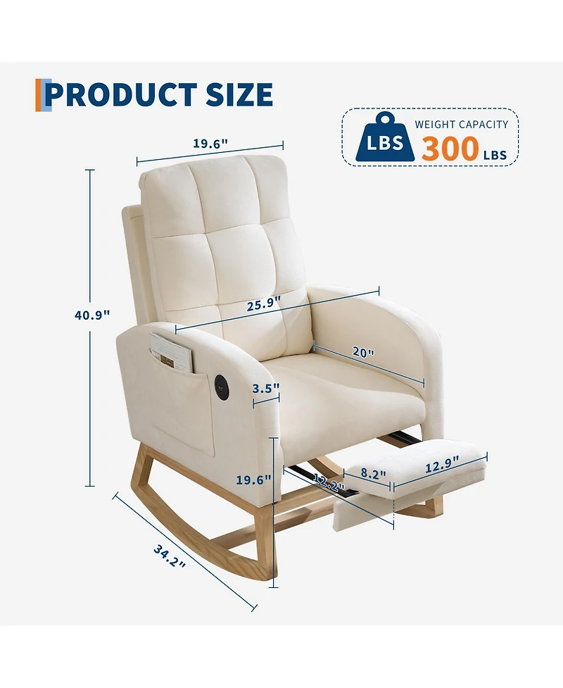 Rocking Chair, Linen Upholstered Glider Armchair for Nursery | Modern Rocker with Footrest, Side Pocket and Usb Ports for Living Room Bedroom