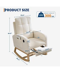Rocking Chair, Linen Upholstered Glider Armchair for Nursery | Modern Rocker with Footrest, Side Pocket and Usb Ports for Living Room Bedroom