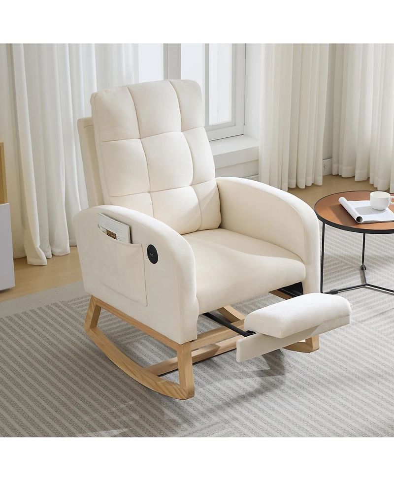Rocking Chair, Linen Upholstered Glider Armchair for Nursery | Modern Rocker with Footrest, Side Pocket and Usb Ports for Living Room Bedroom