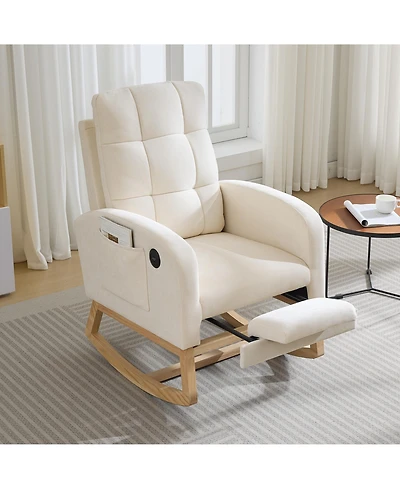 Rocking Chair, Linen Upholstered Glider Armchair for Nursery | Modern Rocker with Footrest, Side Pocket and Usb Ports for Living Room Bedroom