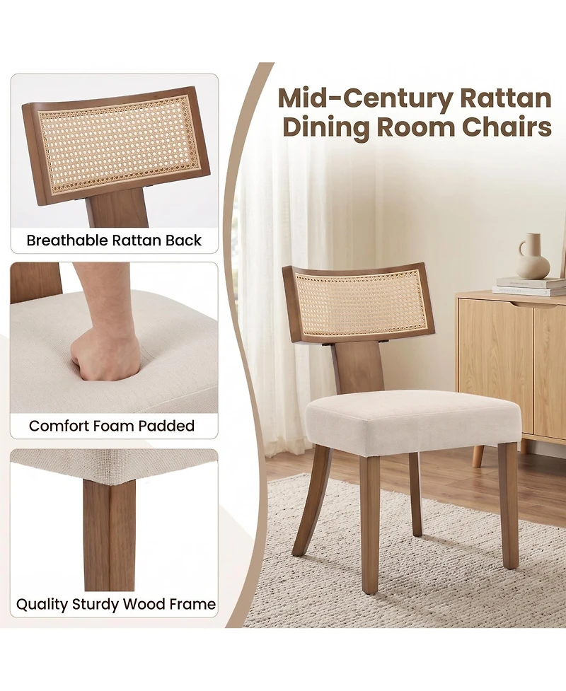 Set of 6 Mid-Century Farmhouse Dining Chairs, Linen Upholstered Chairs with Rattan Detail, Ergonomic Curved Backrest and Wooden Legs for Kitchen