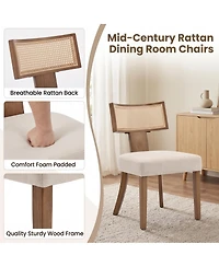 Set of 6 Mid-Century Farmhouse Dining Chairs, Linen Upholstered Chairs with Rattan Detail, Ergonomic Curved Backrest and Wooden Legs for Kitchen