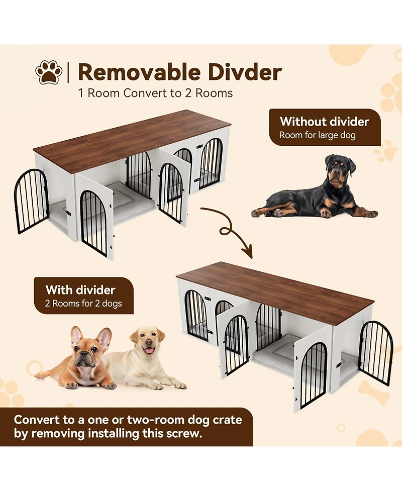 Dog Crate Furniture with Removable Divider, 71 Inch Indoor Double Pet Kennel Home for 2 Dogs, Tv Stand End Table, White and Brown