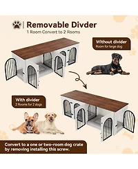 Dog Crate Furniture with Removable Divider, 71 Inch Indoor Double Pet Kennel Home for 2 Dogs, Tv Stand End Table, White and Brown