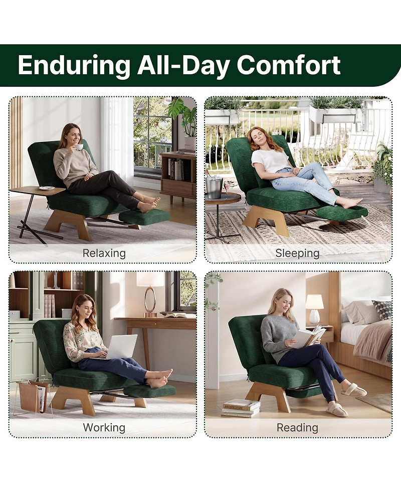 Accent Chair, Corduroy Upholstered Armchair for Living Room | Adjustable Backrest with Pull-Out Footrest, Rubberwood Frame for Bedroom