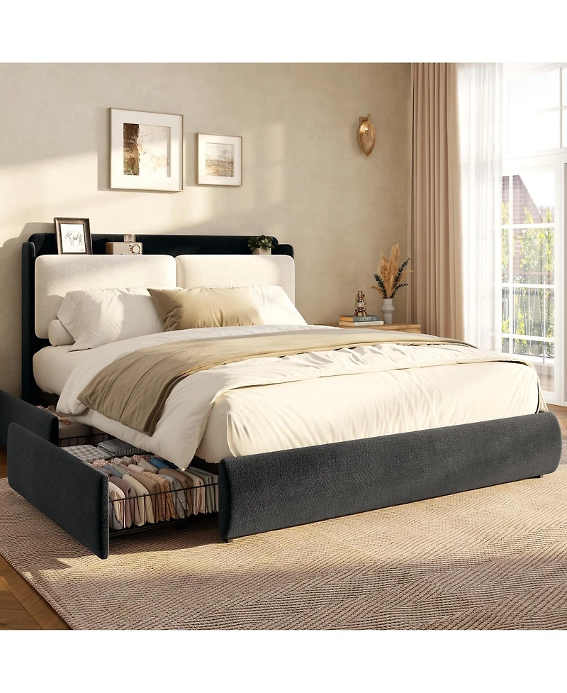 Upholstered Bed Frame with Shelf and Drawers, Chenille Platform Bed with Built in Headboard Shelf for Phone and Books