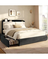 Upholstered Bed Frame with Shelf and Drawers, Chenille Platform Bed with Built in Headboard Shelf for Phone and Books
