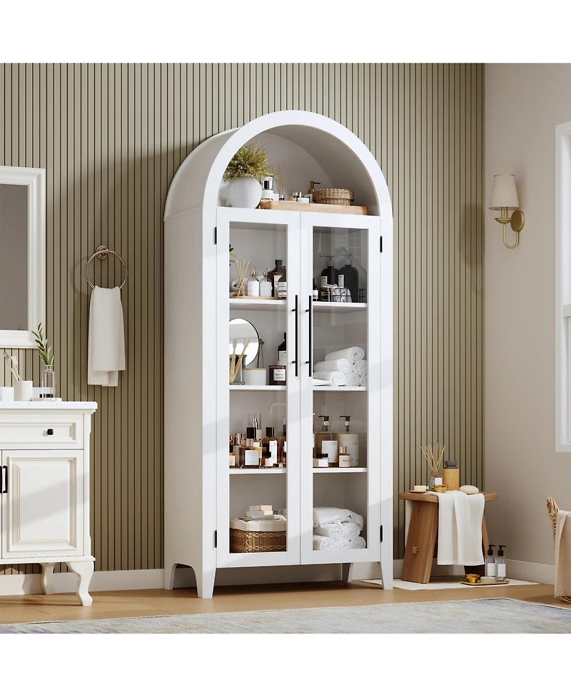 Arched Kitchen Pantry Cabinet, Farmhouse 5 Tier Display Shelf with Adjustable Shelf and 2 Large Glass Doors, Versatile Cupboard for Kitchen