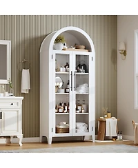 Arched Kitchen Pantry Cabinet, Farmhouse 5 Tier Display Shelf with Adjustable Shelf and 2 Large Glass Doors, Versatile Cupboard for Kitchen