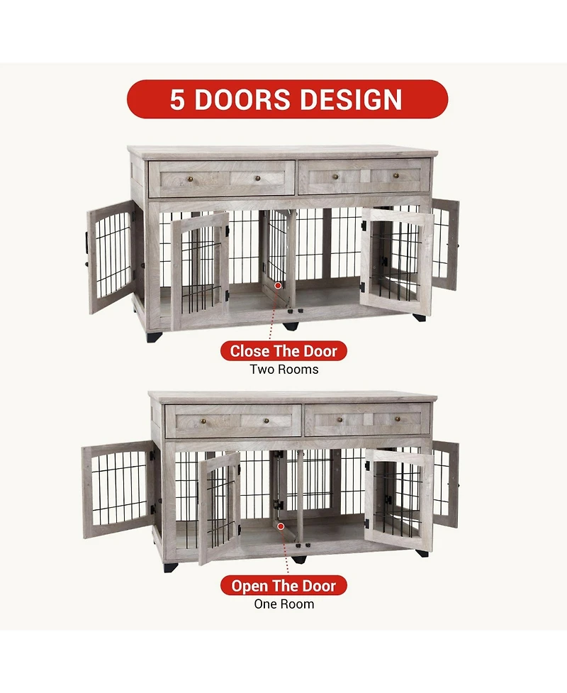 58 Inch Double Door Dog Crate, Large Engineered Wood Pet House with Metal Frame for Indoor Outdoor Use, Gray/Flamed Wood
