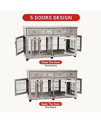 58 Inch Double Door Dog Crate, Large Engineered Wood Pet House with Metal Frame for Indoor Outdoor Use, Gray/Flamed Wood