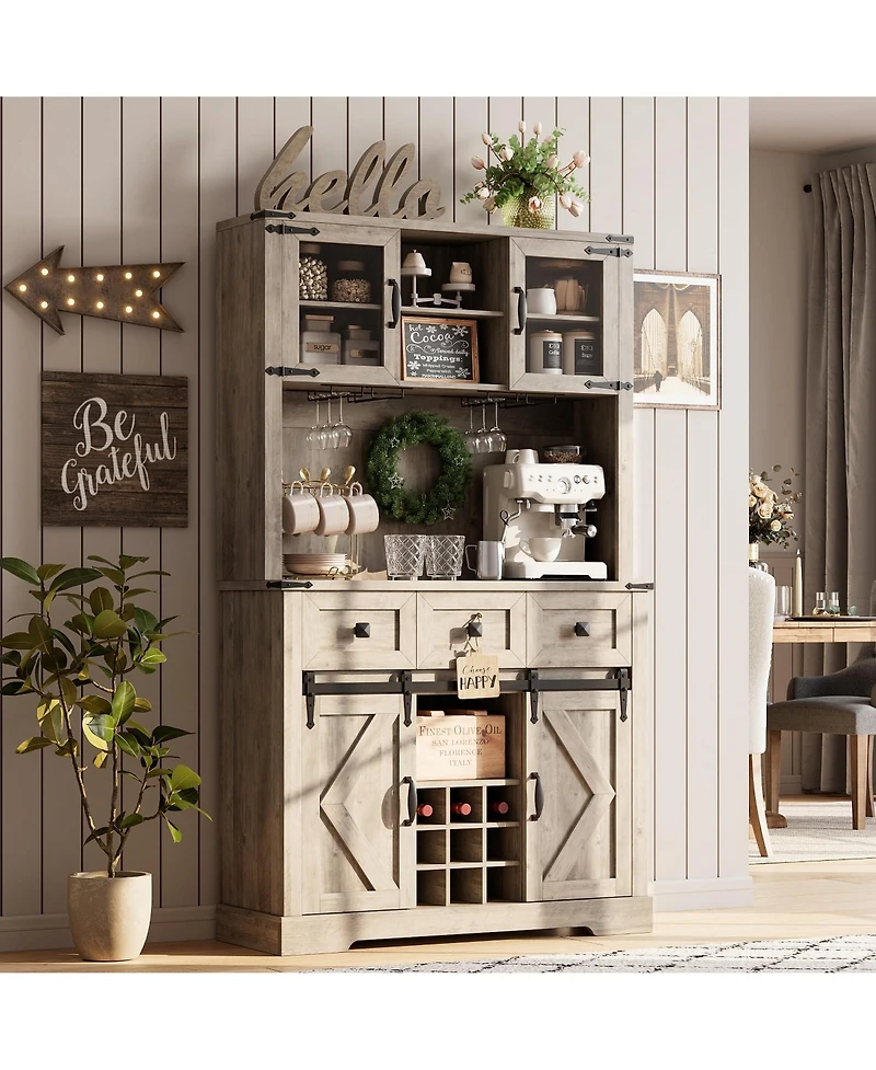 72 in Farmhouse Bar Cabinet with Sliding Barn Door, Tall Kitchen Buffet with Storage Hutch, Wine Sideboard with Wine and Glasses Rack, for Living Room