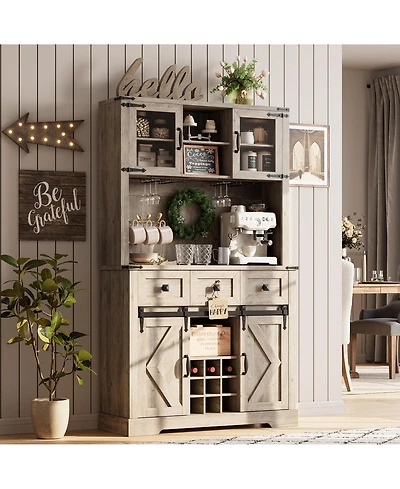 72 in Farmhouse Bar Cabinet with Sliding Barn Door, Tall Kitchen Buffet with Storage Hutch, Wine Sideboard with Wine and Glasses Rack, for Living Room