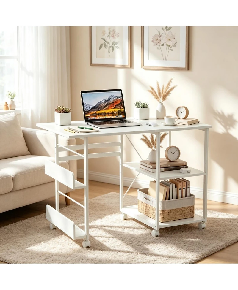 Folding Rolling Computer Desk, Space-Saving Versatile Home Office Writing Table with Wheels, Storage Shelf, Side Organizer for Bedroom Dorm