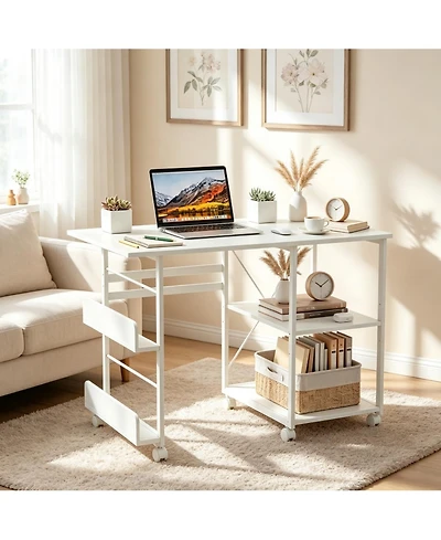 Folding Rolling Computer Desk, Space-Saving Versatile Home Office Writing Table with Wheels, Storage Shelf, Side Organizer for Bedroom Dorm
