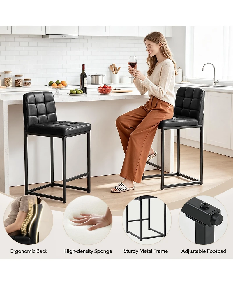 Bar Stools Set of 4, Mid-Century Modern Upholstered Counter Height Barstools with Back, Footrest, Metal Legs for Kitchen Island Home Bar Cafe