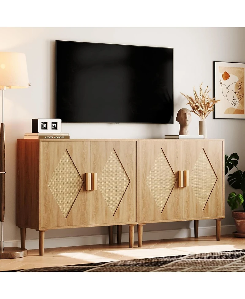 Accent Cabinets Set of 2, Rattan Sideboard Buffet Cabinet with Double Doors, Adjustable Inner Shelf, Storage Cabinet for Entryway, Living Room