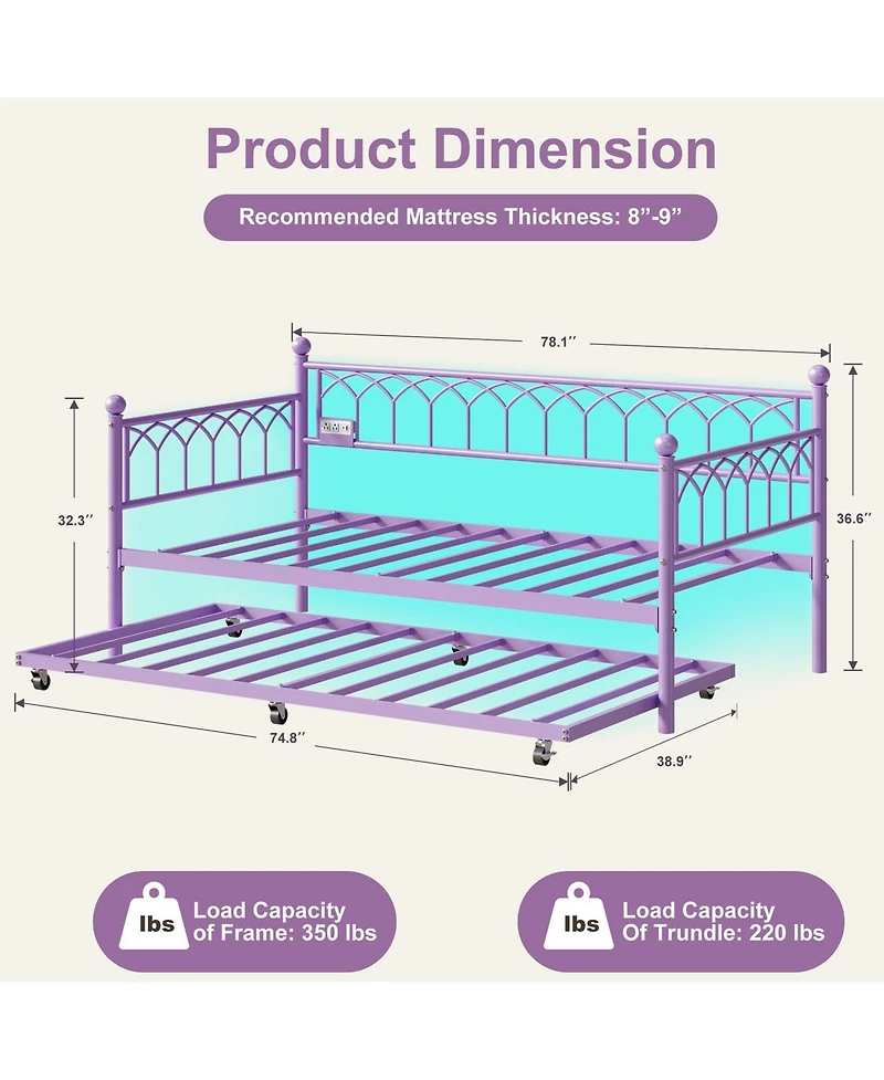 79" x 43" Twin Size Sofa Bed with Led Lights, Small Y Daybed with Lower Bed and Metal Frame, for Living Room Bedroom Dorm, Purple