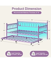 79" x 43" Twin Size Sofa Bed with Led Lights, Small Y Daybed with Lower Bed and Metal Frame, for Living Room Bedroom Dorm, Purple