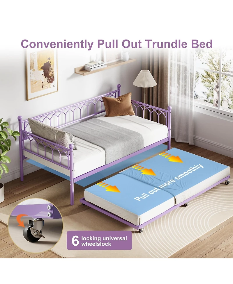 79" x 43" Twin Size Sofa Bed with Led Lights, Small Y Daybed with Lower Bed and Metal Frame, for Living Room Bedroom Dorm, Purple
